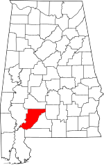 Map of Alabama highlighting Monroe County