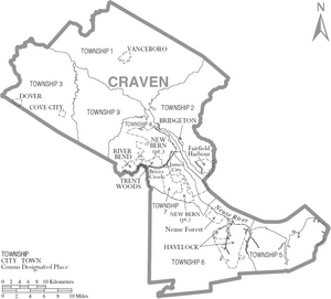 Map of Craven County North Carolina With Municipal and Township Labels