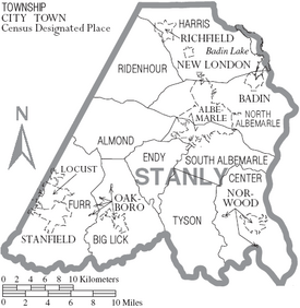 Map of Stanly County North Carolina With Municipal and Township Labels