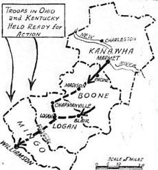 Map of the movement of the union miners in Battle of Blair Mountain