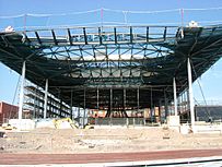 Senedd building still being constructed but with main frame completed