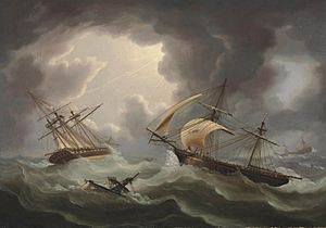Thomas Buttersworth - Loss of H.M. Ship's Blenheim and Java in a Hurricane off Rodriguez; the Brig Harrier Escaping, February 1807 NYR 2012