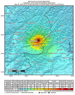 2025-08-31 Asadābād, Afghanistan M6 earthquake shakemap (USGS)