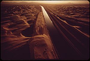 ALL-AMERICAN CANAL CARRIES COLORADO RIVER WATER THROUGH SAND-SWEPT AREA OF THE IMPERIAL VALLEY - NARA - 549076