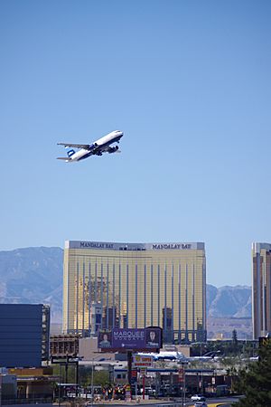 A jetBlue's jet is taking off from McCarran Airport