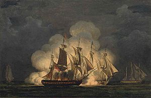 A naval engagement at night, thought to be an action between H.M.S. Junon and the French frigates Renommée and Clorinde in the West Indies, 13th December 1809 CSK 2011