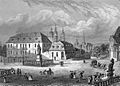 Ansicht des Bonifatiusplatzes mit Bonifatiusdenkmal und Hauptwache in Fulda 1850