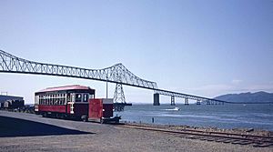 Astoria Riverfront Trolley with Astoria-Megler Bridge, viewed from east