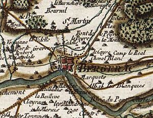 An old map, in colour, depicting the area around the town of Bergerac