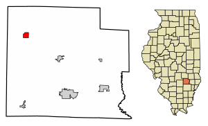 Location of Iola in Clay County, Illinois.