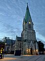 Domkirken Kristiansand NORWAY nygotisk Thrap-Meyer 1885 Cathedral Neo-Gothic church 2023-10-18 Torvet Tårn tower Kveld høst Night IMG 4091