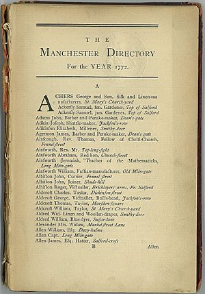 First page of the Manchester Street Directory, 1772 (cropped)