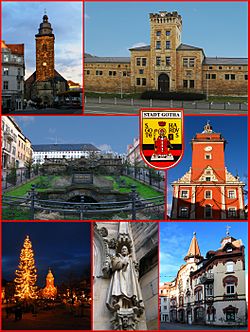 Top left: St Margarethen, Top right: Marstall, Middle left: Water feature in front of Friedenstein Castle, Middle right: Rathaus Gotha in Hauptmarkt, Bottom left: View of Christmas illumination event in Hauptmarkt, Bottom centre: Porch in St Margarethen Church, Bottom right: Bruhl Street