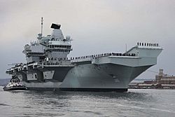 HMS Queen Elizabeth a sea from high up