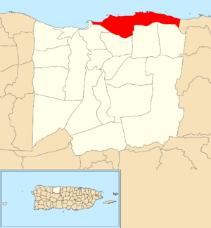 Location of Islote within the municipality of Arecibo shown in red