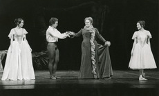Maureen Forrester (center) on the set of Les Grands Ballets Canadiens' performance of 'Adieu Robert Schumann (1979)' by R.M. Schafer and Brian MacDonald, with (left to right) Denise Massé, Vincent Warren, and Annette av Paul
