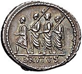 Denarius of Brutus, 54 BC, showing the first Roman consul, Lucius Junius Brutus, surrounded by two lictors and preceded by an accensus. of Rome