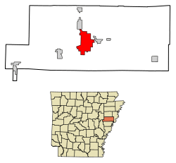 Location of Forrest City in St. Francis County, Arkansas.