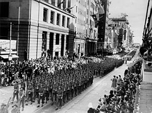 StateLibQld 1 114168 Returned World War Two soldiers march in Queen Street, Brisbane, 1944