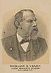 Profile of a white man with a long mustache and goatee wearing a suit coat, vest, and bow tie. Below are the words "Wheelock G. Veazey, Judge Advocate General, Rutland, Vt."