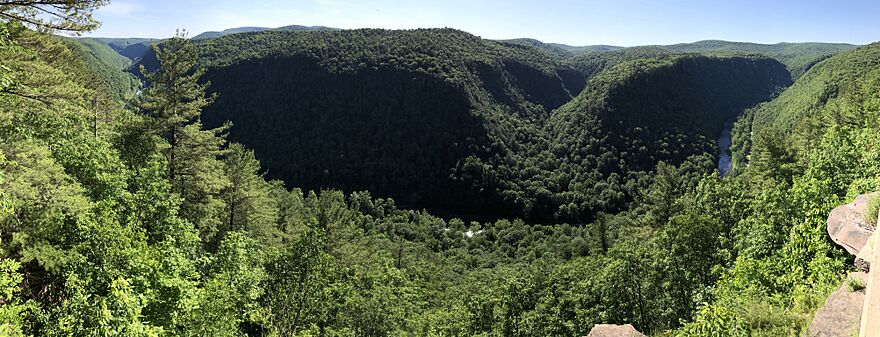 a panoramic view of a wooded gorge, on the left and right is a wooden fence with several visitors standing at an overlook, also on the left is a paved platform, the gorge is covered with green trees