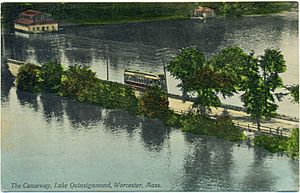 B&W trolley on Lake Quinsigamond causeway 1908 postcard