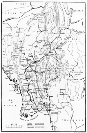 Burma - Map of Frontiers, Railways, Motor Roads, and Pack Roads (UK World War II poster), circa 1941 (44268345)