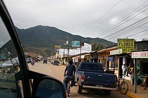 A street scene in central Catacamas -the 'Mirador de la Cruz' is visible in the background
