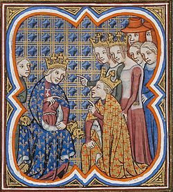 Charles the Bad, king of Navarre, pardoned by John the Good as the queens Blanche of Navarre and Jeanne of Evreux
