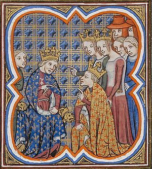Charles the Bad, king of Navarre, pardoned by John the Good as the queens Blanche of Navarre and Jeanne of Evreux