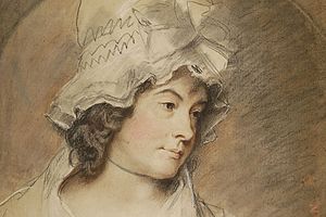 A soft pastel portrait of a woman in a large lacy bonnet looking wistfully right of viewer