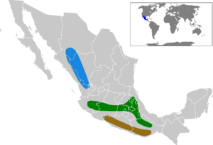 map of Mexico showing three colored areas in center and west of the country