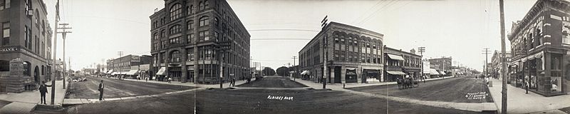 Three streets stretch off into the distance, with old style buildings, in 1907