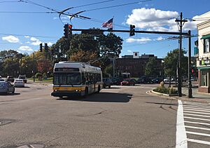Looking southwest across the square from the corner of Mount Auburn Street and North Beacon Street (2019)