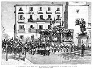 Madrid. — Desfile de las tropas ante su S. M., después de la inauguración de la estatua de D. Álvaro de Bazán