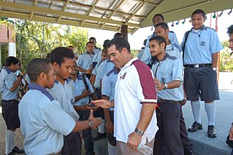 Mal Meninga meeting school students in Vanuatu. ausAID supports sports for development programs to encourage a healthy lifestyle. Vanuatu 2005. Photo- AusAID (10697843695)