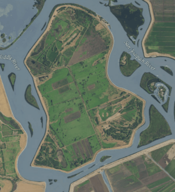 An aerial photo of an island.