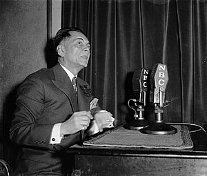 Philippine President Manuel Quezon broadcasts to home folks