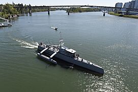 Sea Hunter gets underway on the Willamette River following a christening ceremony in Portland, Ore. (25702146834)