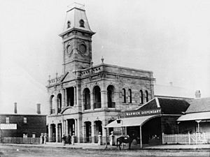 StateLibQld 1 111536 Warwick Town Hall and adjacent shops, ca. 1890