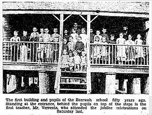 The first building and pupils of the Coochin Creek Provisional School (later Beerwah State School), 1888