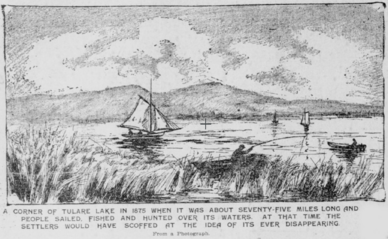 Drawing of the lush environment of Tulare Lake in 1875, including fishing and sailing boats
