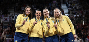 Winners of the women's team sabre event at Paris 2024
