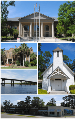 Top, left to right: Camden County Courthouse, Old Camden County Courthouse, Satilla River, St. Mark's Episcopal Church, Woodbine Historic District