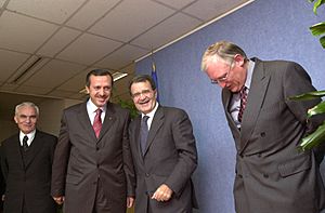Yasar Yakis, Recep Tayyip Erdoğan, Romano Prodi and Günter Verheugen in 2002