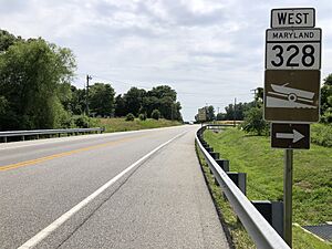 2022-06-21 14 54 12 View west along Maryland State Route 328 (Matthewstown Road) at Tuckahoe River Road in Matthews, Talbot County, Maryland