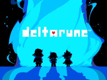 Pixel art showing the silhouettes of three characters: Susie, Kris and Ralsei, who are facing a bright blue Dark Fountain casting long shadows. Above them, pixelated text reads, "Deltarune", with a red heart inside the letter "A".