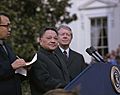 Deng Xiaoping and Jimmy Carter at the arrival ceremony for the Vice Premier of China. - NARA - 183157-restored