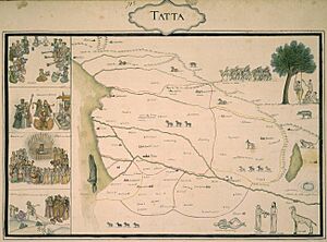 Elaborately illustrated map of the Thatta Subah of the Mughal Empire, commissioned by Jean Baptiste Joseph Gentil, ca.1770
