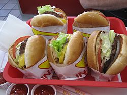 File-In-N-Out Burger hamburgers and cheeseburgers